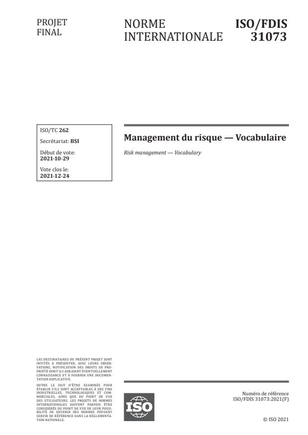 ISO/FDIS 31073 - Management du risque -- Vocabulaire