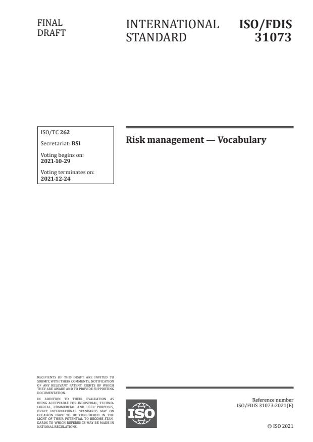 ISO/FDIS 31073 - Risk management -- Vocabulary