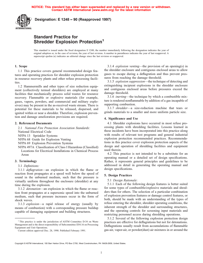 ASTM E1248-90(1997) - Standard Practice for Shredder Explosion Protection