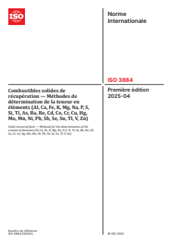 ISO 3884:2025 - Combustibles solides de récupération — Méthodes de détermination de la teneur en éléments (Al, Ca, Fe, K, Mg, Na, P, S, Si, Ti, As, Ba, Be, Cd, Co, Cr, Cu, Hg, Mo, Mn, Ni, Pb, Sb, Se, Sn, Tl, V, Zn)
Released:9. 04. 2025 - Page 1 preview