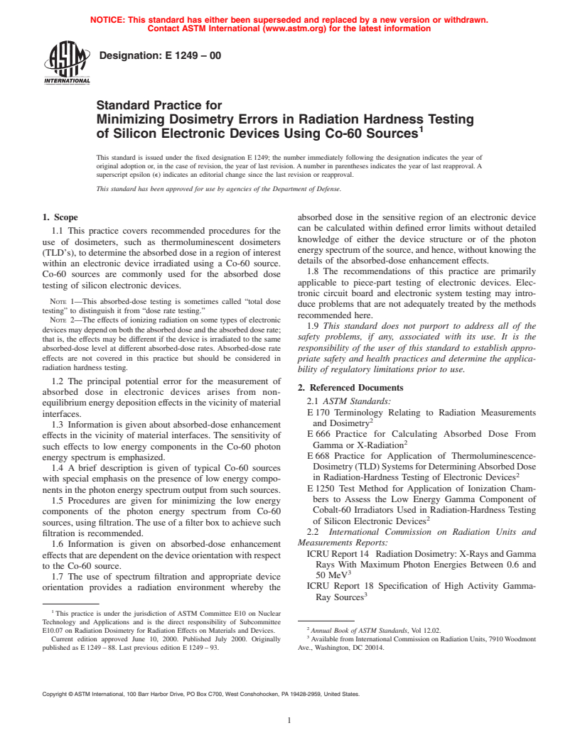 ASTM E1249-00 - Standard Practice for Minimizing Dosimetry Errors in Radiation Hardness Testing of Silicon Electronic Devices Using Co-60 Sources