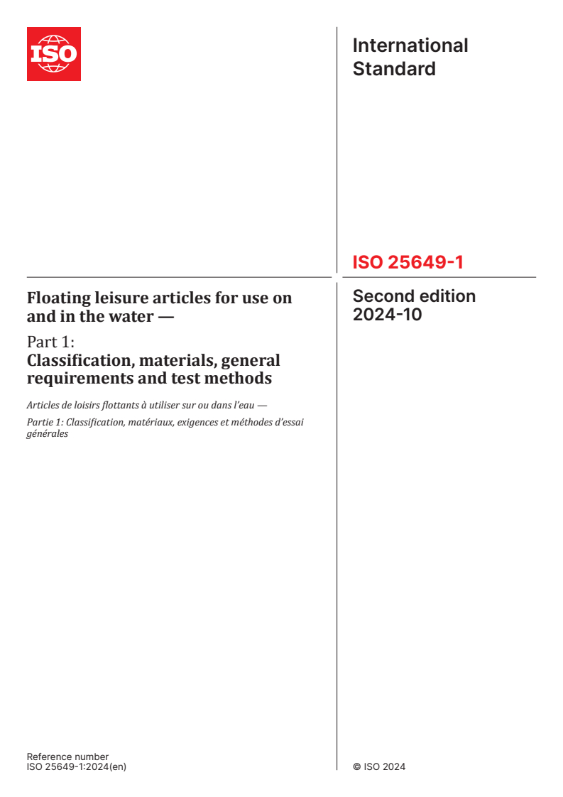 ISO 25649-1:2024 - Floating leisure articles for use on and in the water — Part 1: Classification, materials, general requirements and test methods
Released:10/29/2024