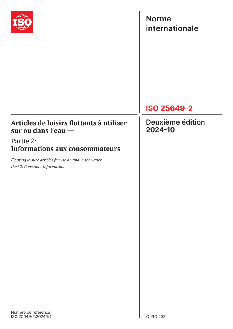 ISO 25649-2:2024 - Articles de loisirs flottants à utiliser sur ou dans l’eau — Partie 2: Informations aux consommateurs
Released:10/29/2024