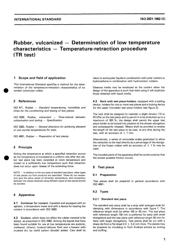 ISO 2921:1982 - Rubber, vulcanized -- Determination of low temperature characteristics -- Temperature-retraction procedure (TR test)