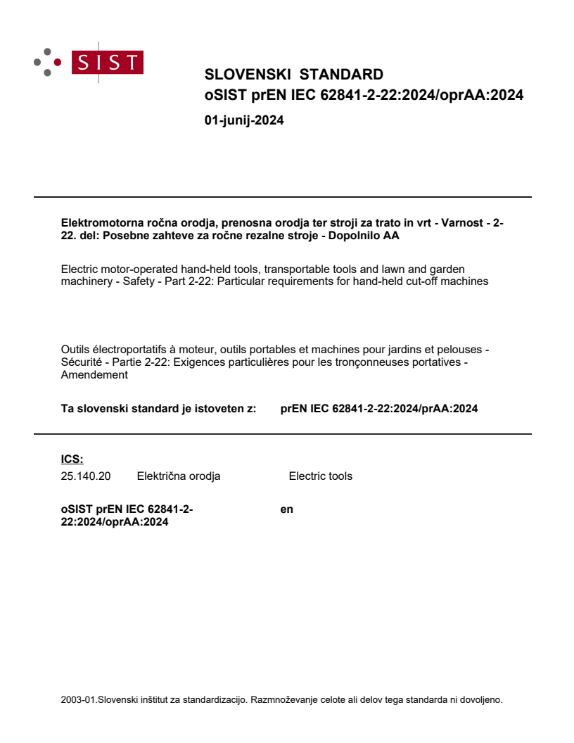 prEN IEC 62841-2-22:2024/oprAA:2024