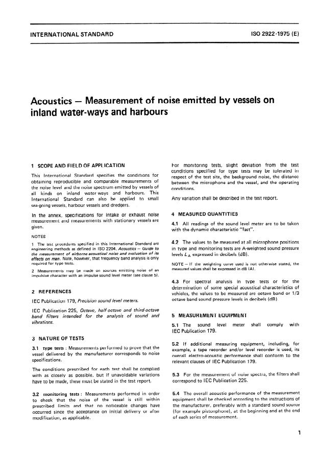 ISO 2922:1975 - Acoustics -- Measurement of noise emitted by vessels on inland water-ways and harbours
