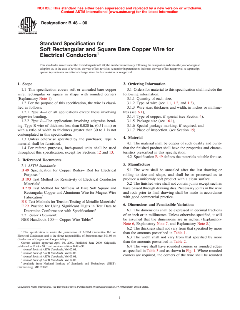 ASTM B48-00 - Standard Specification for Soft Rectangular and Square Bare Copper Wire for Electrical Conductors