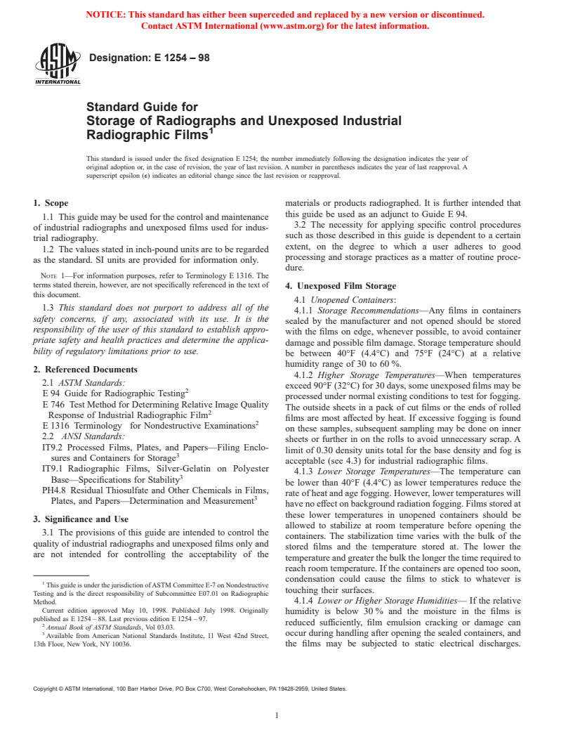 ASTM E1254-98 - Standard Guide for Storage of Radiographs and Unexposed Industrial Radiographic Films