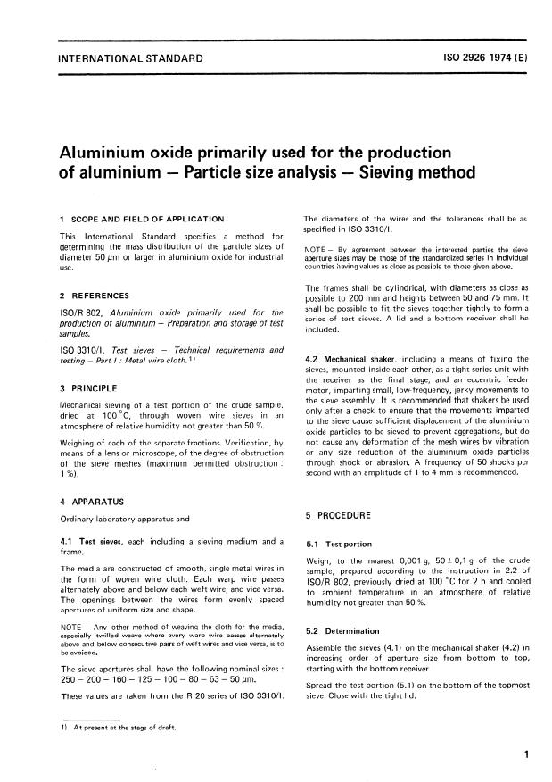 ISO 2926:1974 - Aluminium oxide primarily used for the production of aluminium -- Particle size analysis -- Sieving method