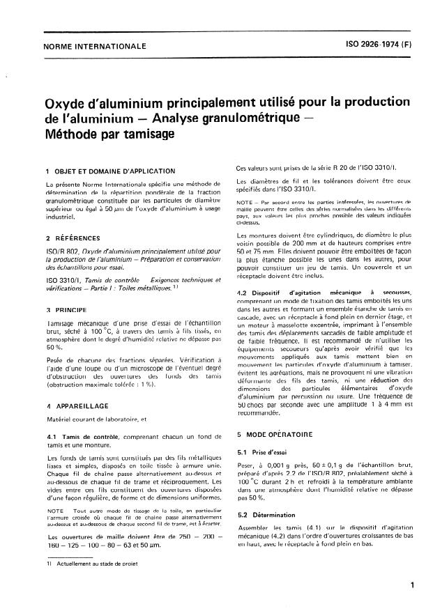 ISO 2926:1974 - Oxyde d'aluminium principalement utilisé pour la production de l'aluminium -- Analyse granulométrique -- Méthode par tamisage