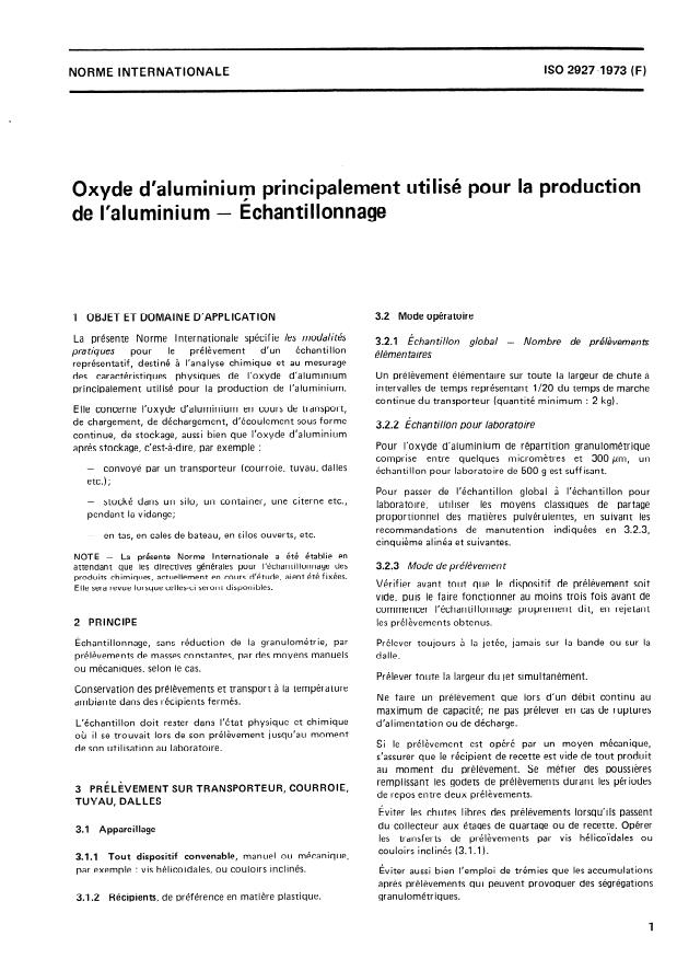 ISO 2927:1973 - Oxyde d'aluminium principalement utilisé pour la production de l'aluminium -- Échantillonnage