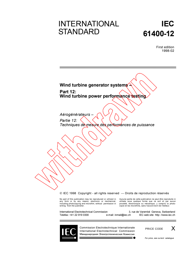 IEC 61400-12-0:1998 - Wind turbine generator systems - Part 12: Wind turbine power performance testing
Released:2/26/1998
Isbn:2831842476