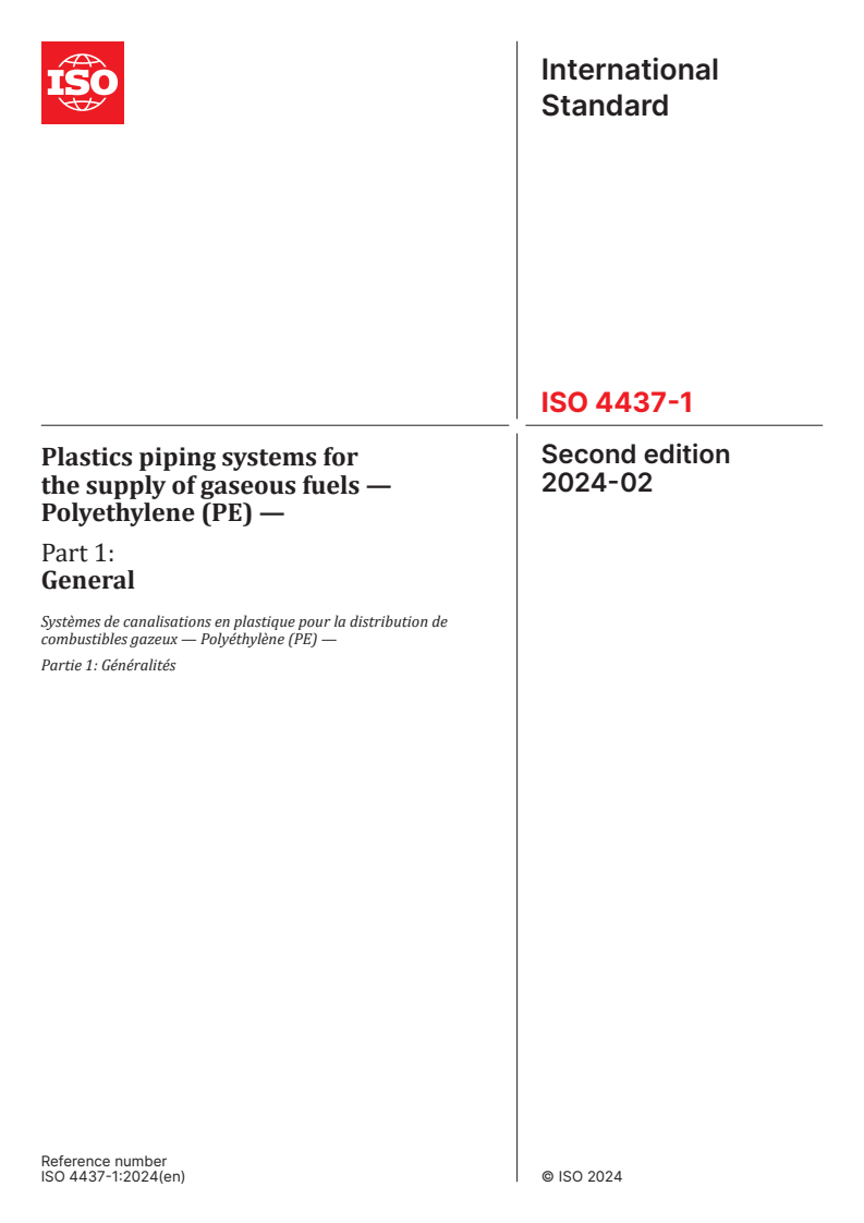 ISO 4437-1:2024 - Plastics piping systems for the supply of gaseous fuels — Polyethylene (PE) — Part 1: General
Released:14. 02. 2024