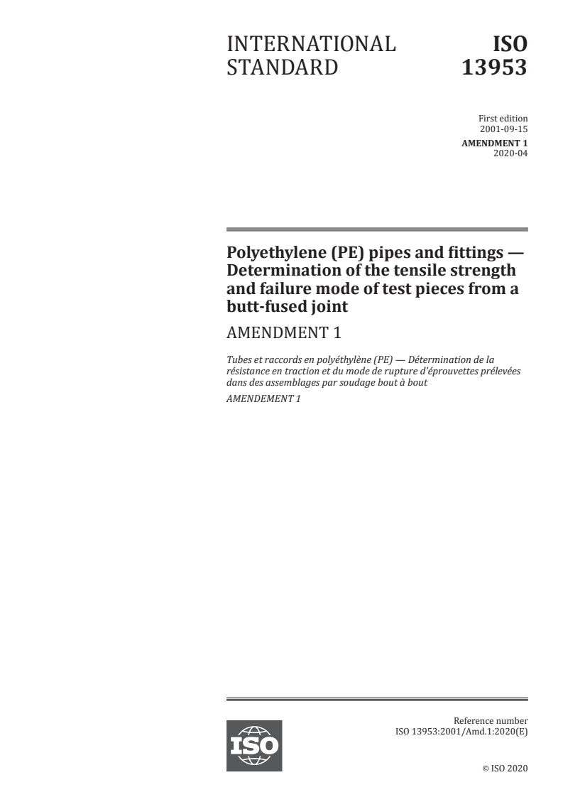 ISO 13953:2001/Amd 1:2020 - Polyethylene (PE) pipes and fittings — Determination of the tensile strength and failure mode of test pieces from a butt-fused joint — Amendment 1
Released:4/20/2020