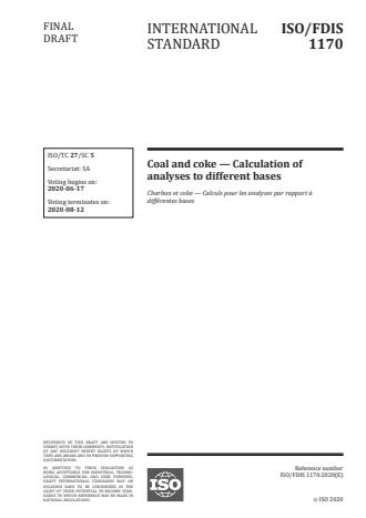 ISO/FDIS 1170 - Coal and coke -- Calculation of analyses to different bases