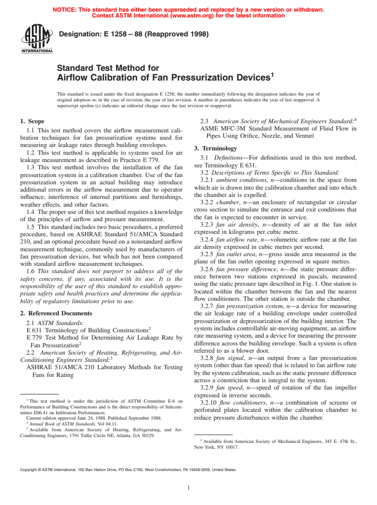 ASTM E1258-88(1998) - Standard Test Method for Airflow Calibration of Fan Pressurization Devices