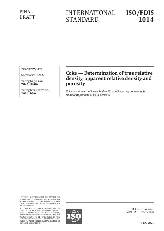 ISO/FDIS 1014 - Coke -- Determination of true relative density, apparent relative density and porosity