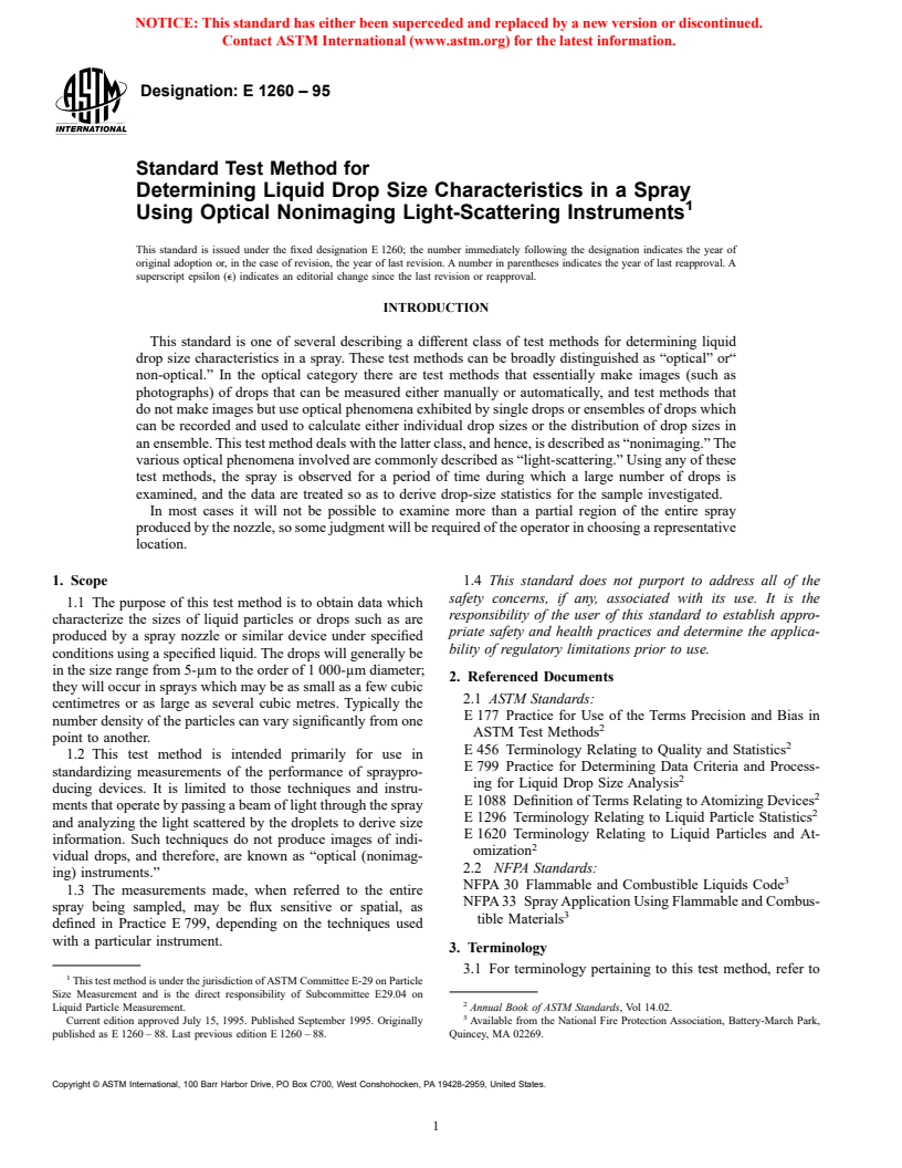 ASTM E1260-95 - Standard Test Method for Determining Liquid Drop Size Characteristics in a Spray Using Optical Nonimaging Light-Scattering Instruments