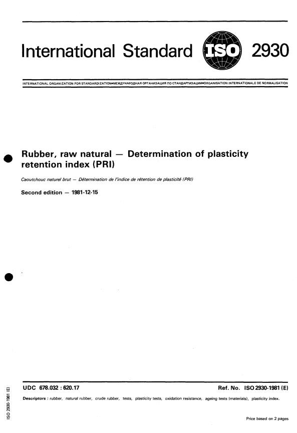 ISO 2930:1981 - Rubber, raw natural -- Determination of plasticity retention index (PRI)
