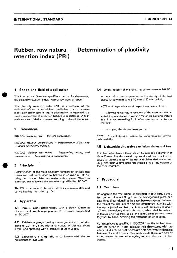 ISO 2930:1981 - Rubber, raw natural -- Determination of plasticity retention index (PRI)