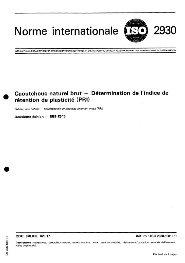 ISO 2930:1981 - Caoutchouc naturel brut -- Détermination de l'indice de rétention de plasticité (PRI)