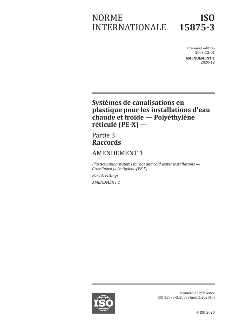 ISO 15875-3:2003/Amd 1:2020 ISO 15875-3:2003/Amd 1:2020 - Systèmes de canalisations en plastique pour les installations d'eau chaude et froide — Polyéthylène réticulé (PE-X) — Partie 3: Raccords — Amendement 1
Released:12/22/2020