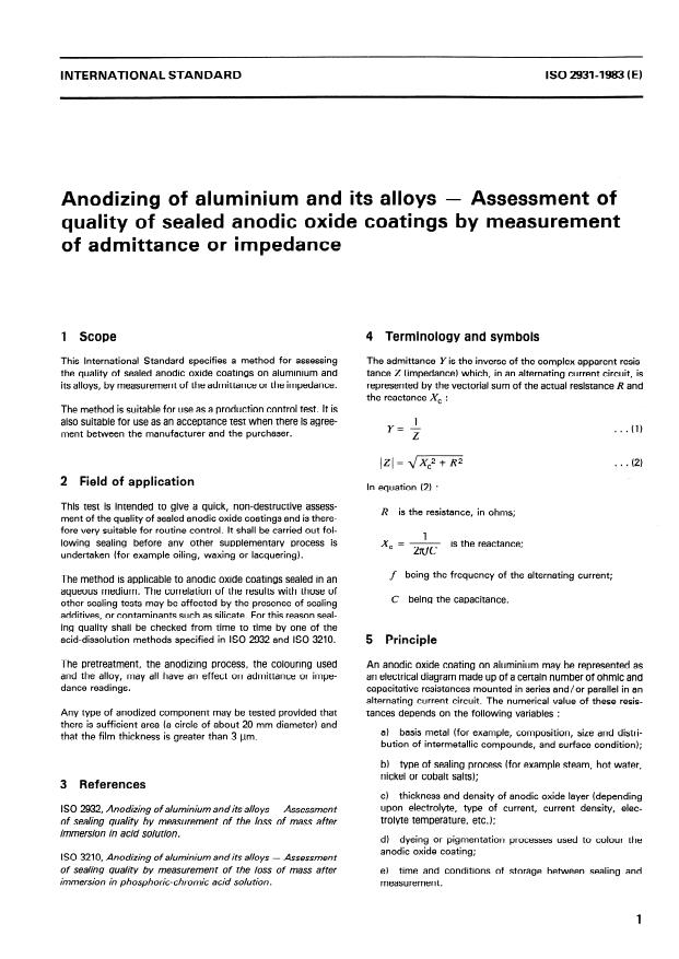ISO 2931:1983 - Anodizing of aluminium and its alloys -- Assessment of quality of sealed anodic oxide coatings by measurement of admittance or impedance