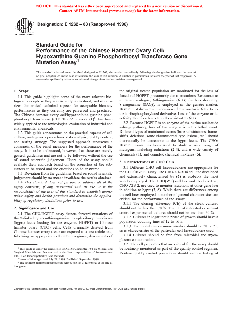 ASTM E1262-88(1996) - Standard Guide for Performance of the Chinese Hamster Ovary Cell/Hypoxanthine Guanine Phosphoribosyl Transferase Gene Mutation Assay