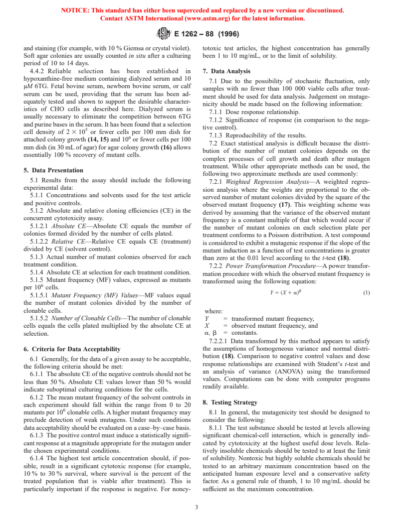 ASTM E1262-88(1996) - Standard Guide for Performance of the Chinese Hamster Ovary Cell/Hypoxanthine Guanine Phosphoribosyl Transferase Gene Mutation Assay