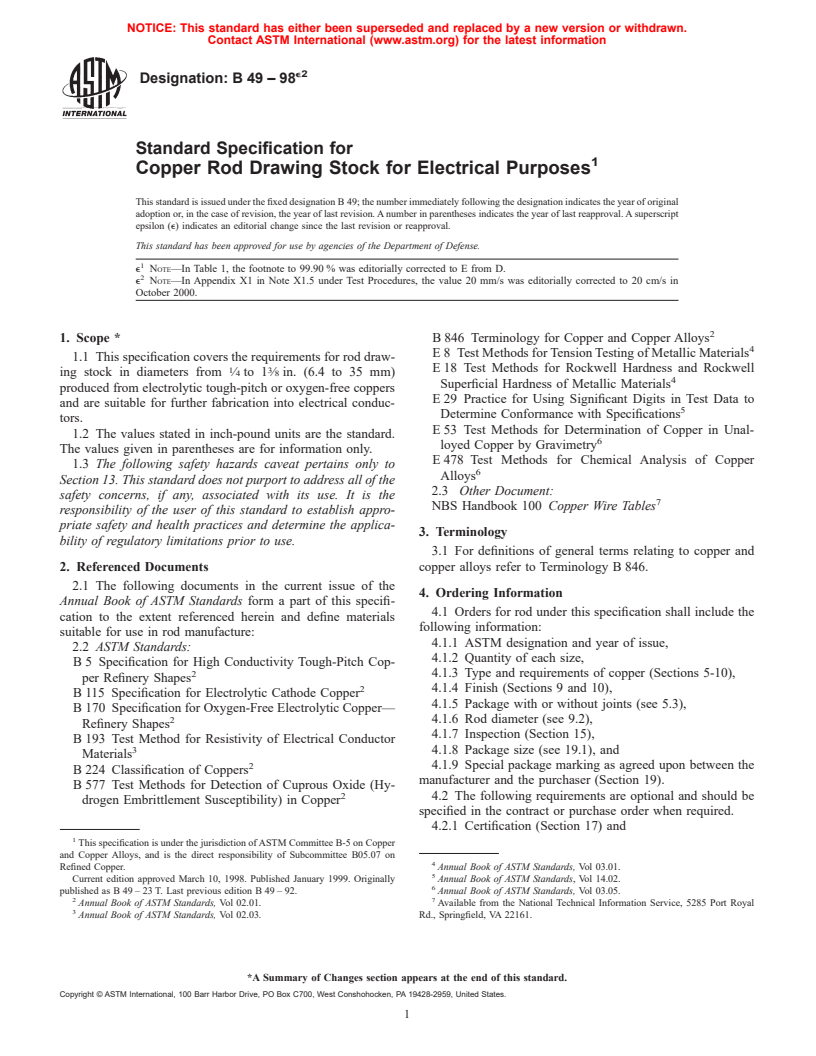 ASTM B49-98e2 - Standard Specification for Copper Rod Drawing Stock for Electrical Purposes