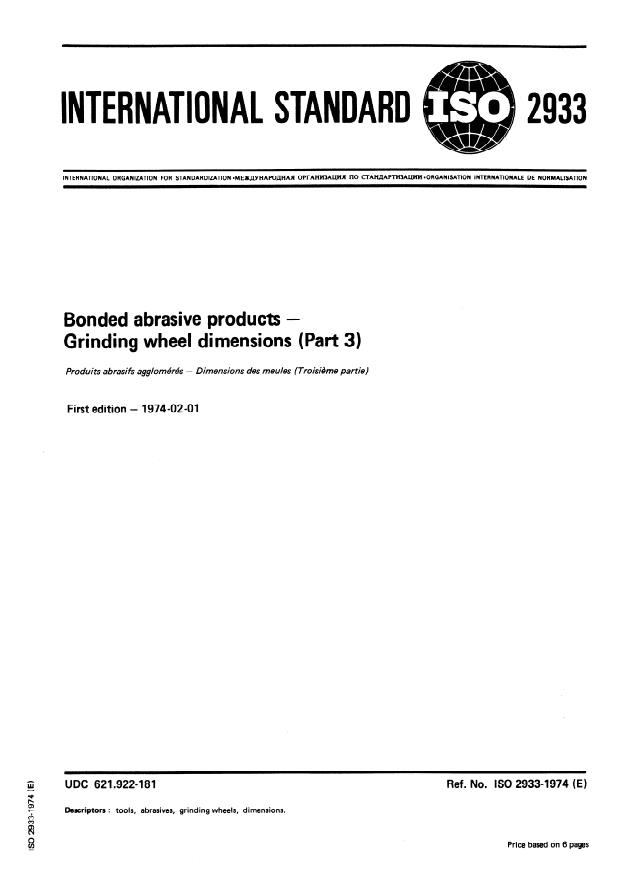 ISO 2933:1974 - Bonded abrasive products -- Grinding wheel dimensions (Part 3)