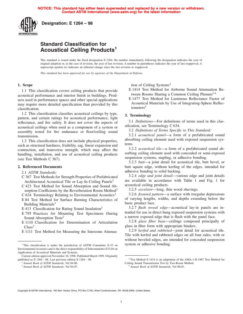 ASTM E1264-98 - Standard Classification for Acoustical Ceiling Products