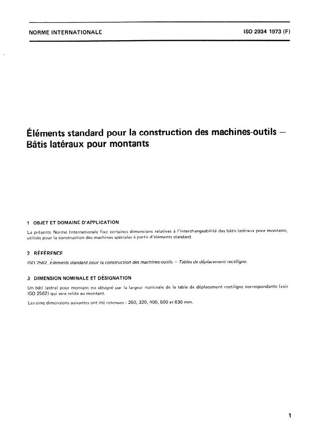 ISO 2934:1973 - Éléments standard pour la construction des machines-outils -- Bâtis latéraux pour montants