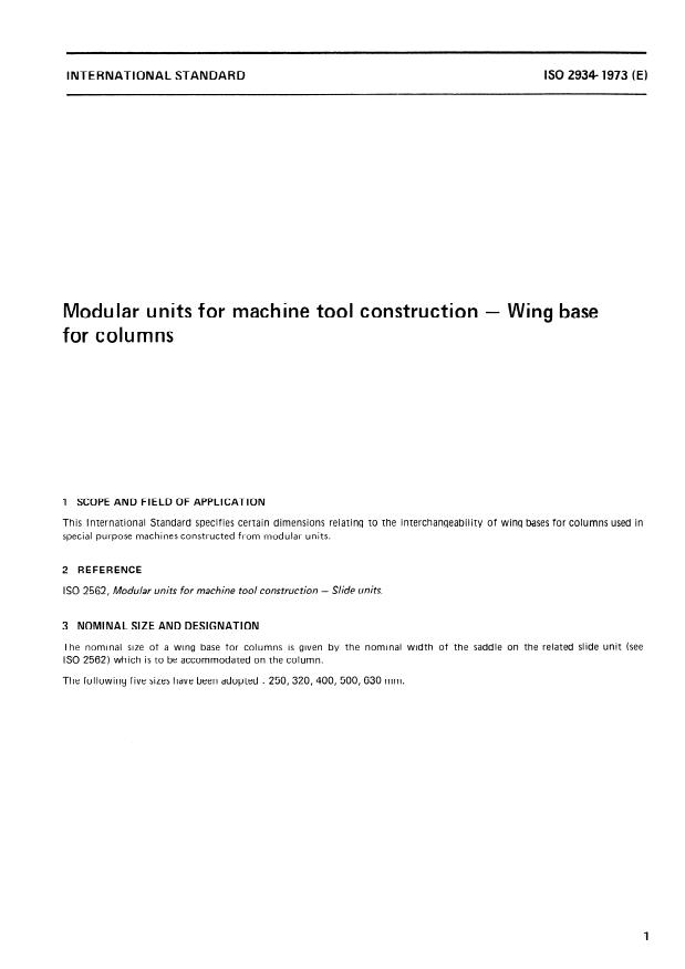 ISO 2934:1973 - Modular units for machine tool construction -- Wing base for columns