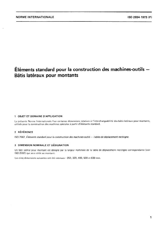 ISO 2934:1973 - Éléments standard pour la construction des machines-outils -- Bâtis latéraux pour montants