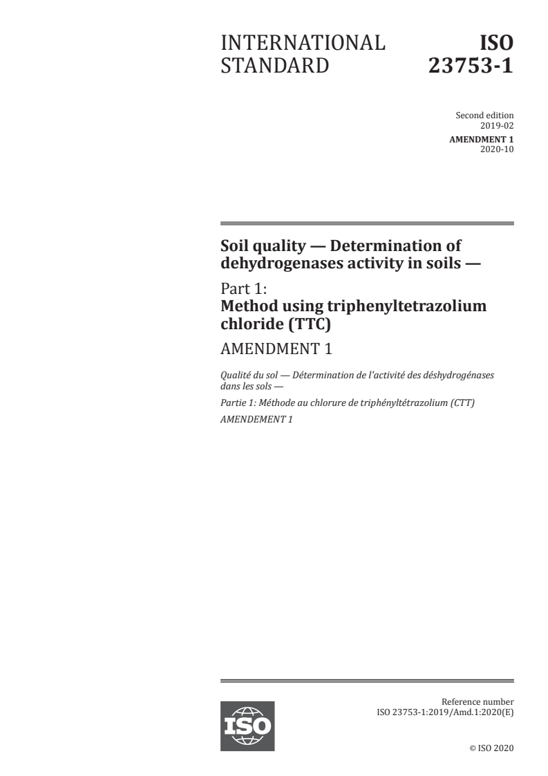 ISO 23753-1:2019/Amd 1:2020 - Soil quality — Determination of dehydrogenases activity in soils — Part 1: Method using triphenyltetrazolium chloride (TTC) — Amendment 1
Released:10/1/2020