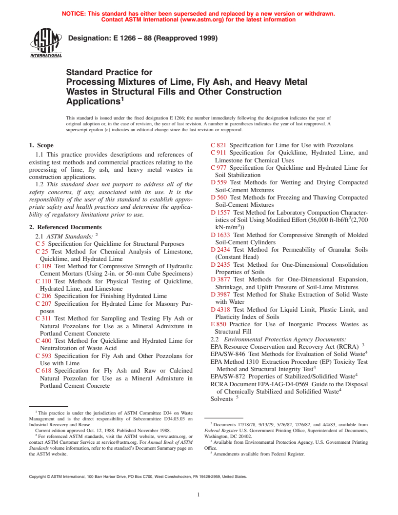 ASTM E1266-88(1999) - Standard Practice for Processing Mixtures of Lime, Fly Ash, and Heavy Metal Wastes in Structural Fills and Other Construction Applications