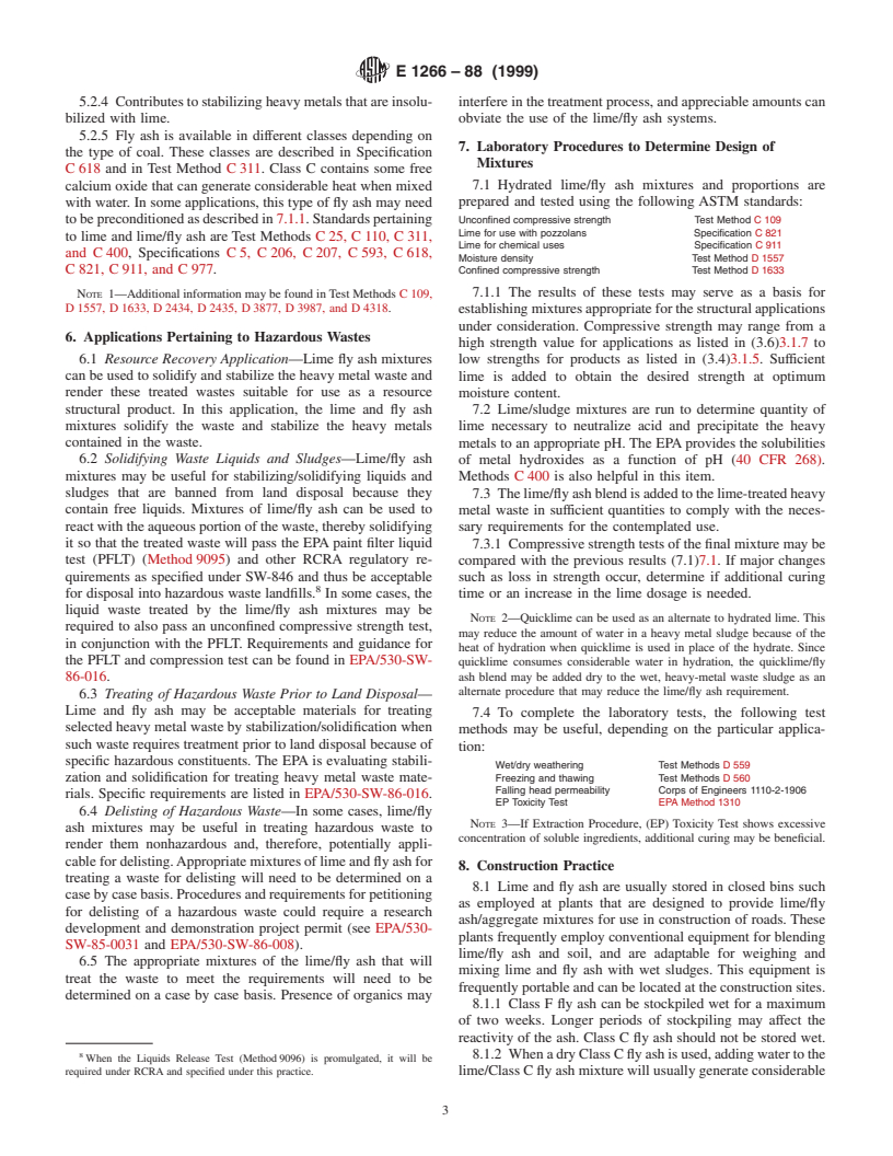 ASTM E1266-88(1999) - Standard Practice for Processing Mixtures of Lime, Fly Ash, and Heavy Metal Wastes in Structural Fills and Other Construction Applications