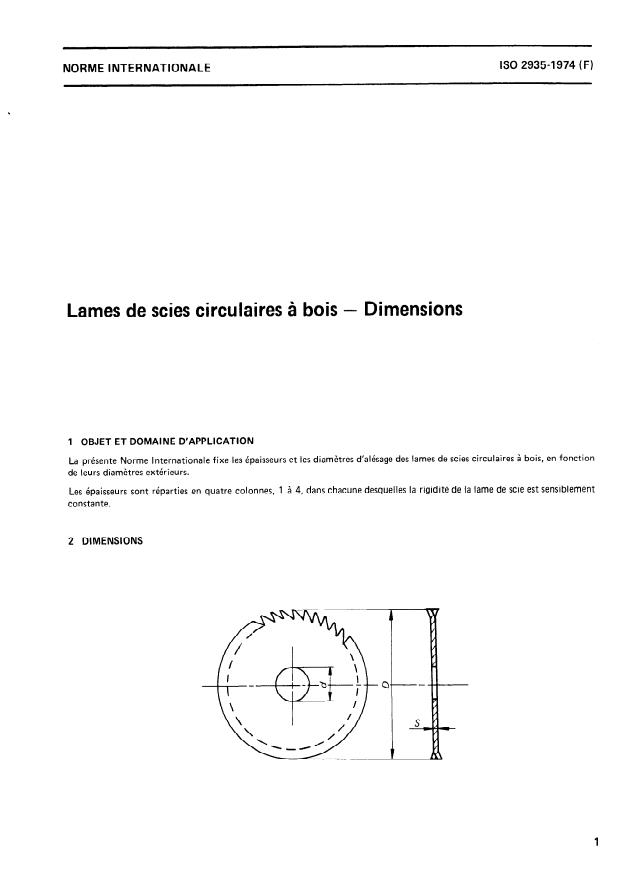 ISO 2935:1974 - Lames de scies circulaires a bois -- Dimensions