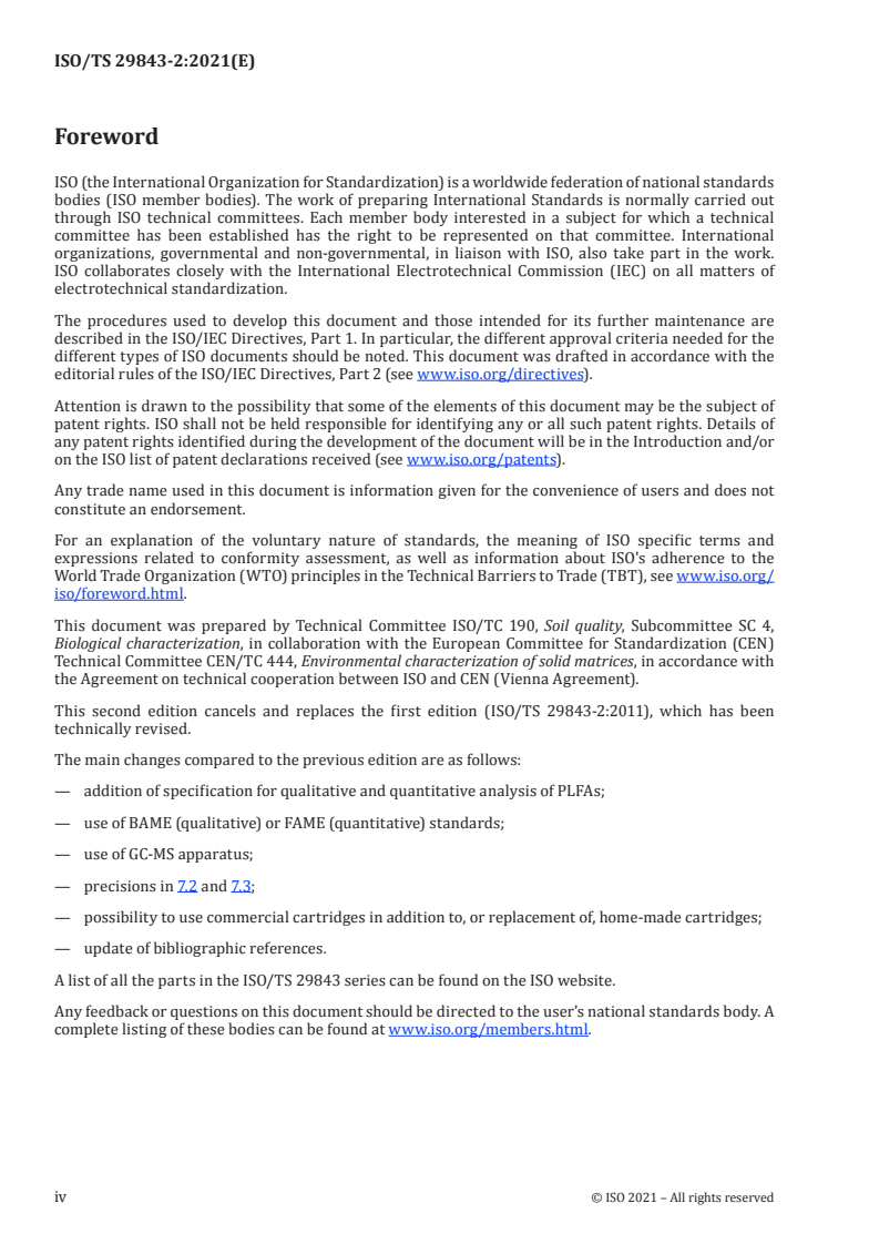 ISO/TS 29843-2:2021 ISO/TS 29843-2:2021 - Soil quality — Determination of soil microbial diversity — Part 2: Method by phospholipid fatty acid analysis (PLFA) using the simple PLFA extraction method
Released:7/20/2021 - Page 4 preview