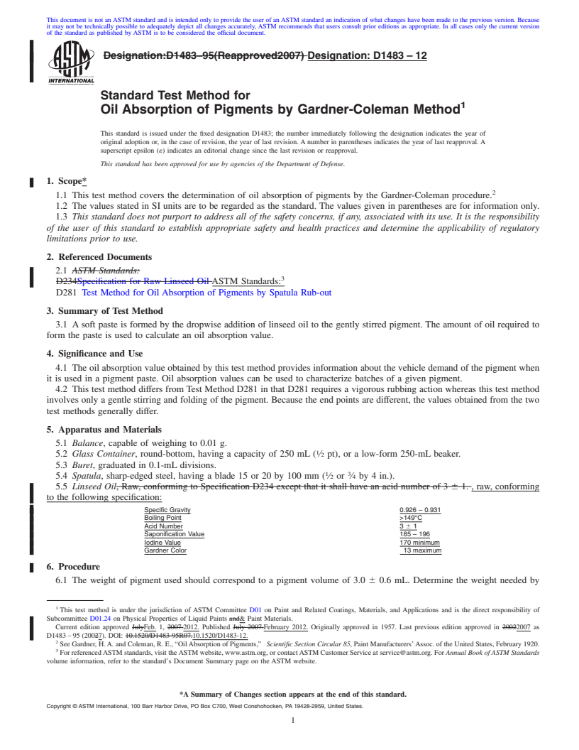REDLINE ASTM D1483-12 - Standard Test Method for  Oil Absorption of Pigments by Gardner-Coleman Method