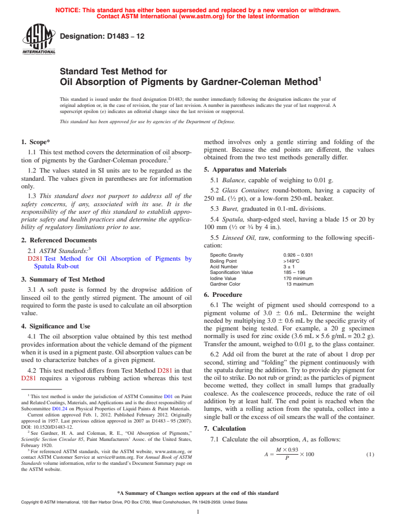 ASTM D1483-12 - Standard Test Method for  Oil Absorption of Pigments by Gardner-Coleman Method
