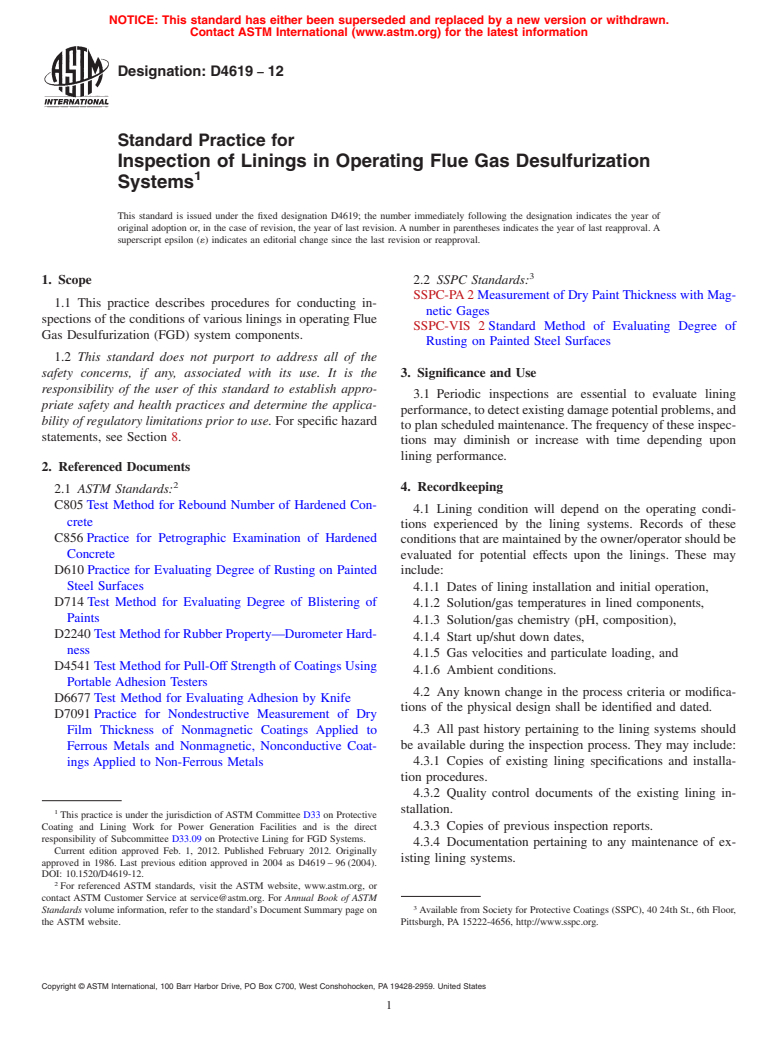 ASTM D4619-12 - Standard Practice for  Inspection of Linings in Operating Flue Gas Desulfurization Systems