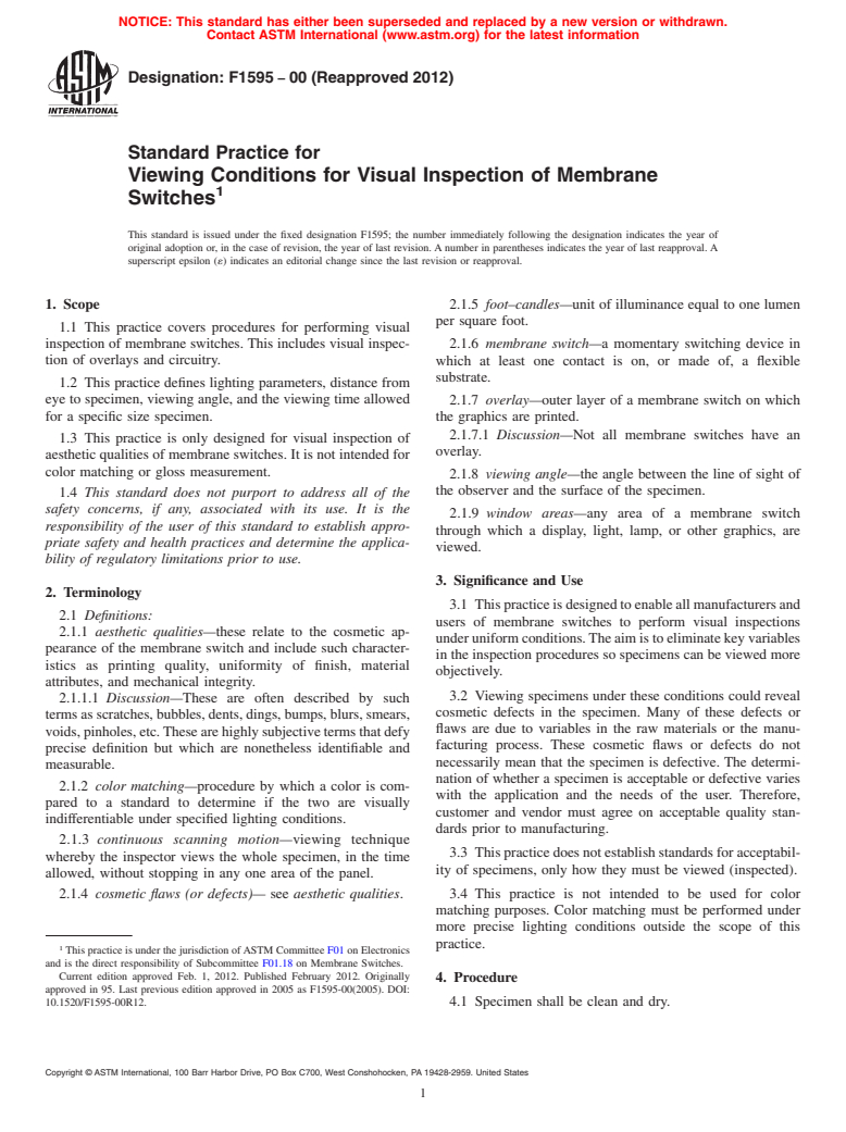 ASTM F1595-00(2012) - Standard Practice for  Viewing Conditions for Visual Inspection of Membrane Switches