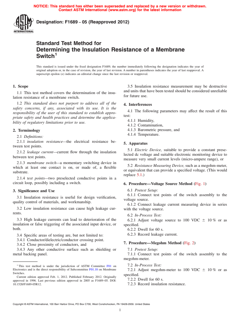 ASTM F1689-05(2012) - Standard Test Method for  Determining the Insulation Resistance of a Membrane Switch