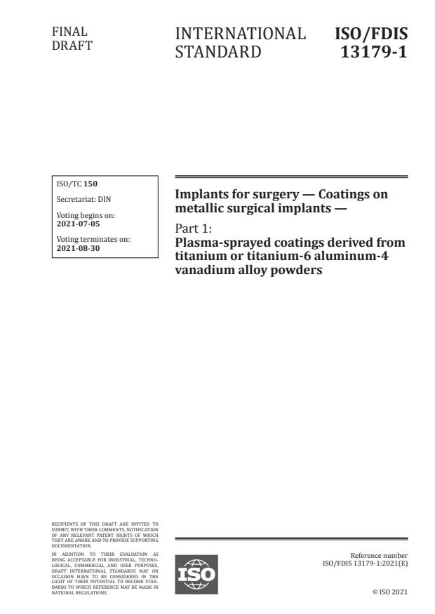 ISO/FDIS 13179-1 - Implants for surgery -- Coatings on metallic surgical implants