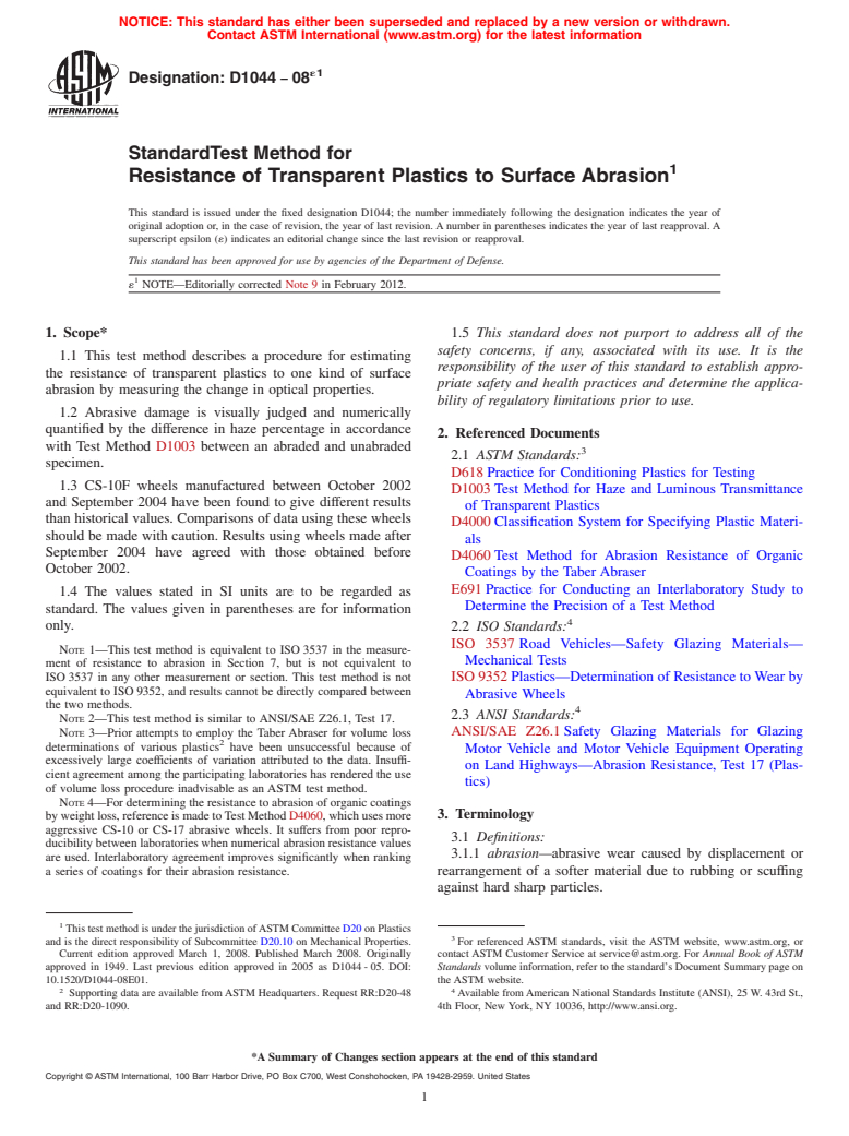 ASTM D1044-08e1 - Standard Test Method for  Resistance of Transparent Plastics to Surface Abrasion