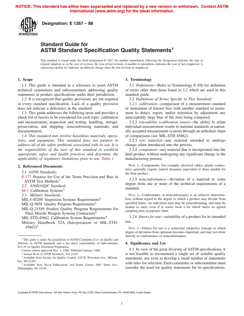 ASTM E1267-88 - Guide for ASTM Standard Specification Quality Statements (Withdrawn 1996)