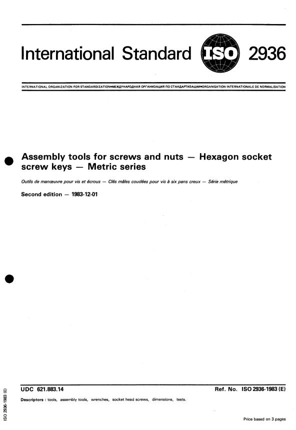 ISO 2936:1983 - Assembly tools for screws and nuts -- Hexagon socket screw keys -- Metric series