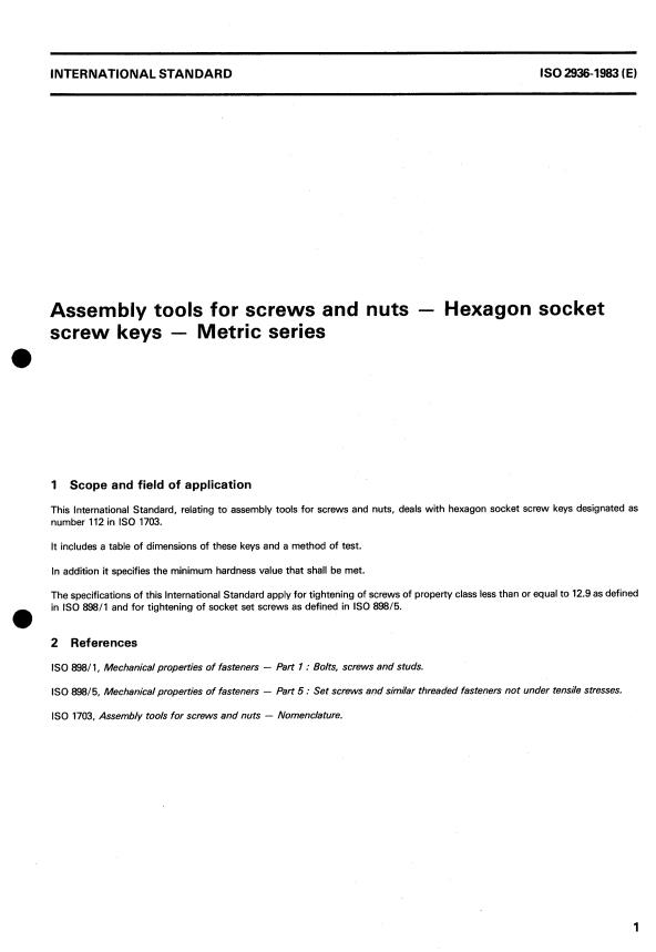 ISO 2936:1983 - Assembly tools for screws and nuts -- Hexagon socket screw keys -- Metric series